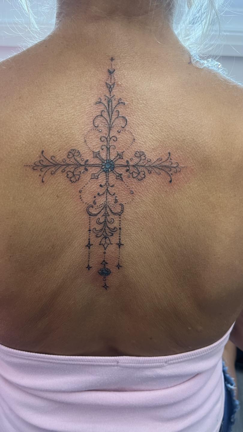 Fine line geometric pattern tattoo by Ink By LOLO Southport